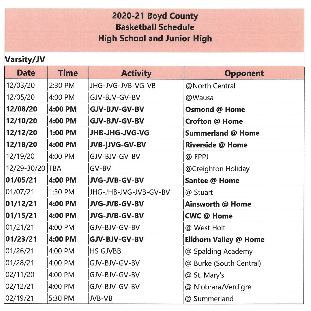 Boyd County Schools 21 Basketball Schedule