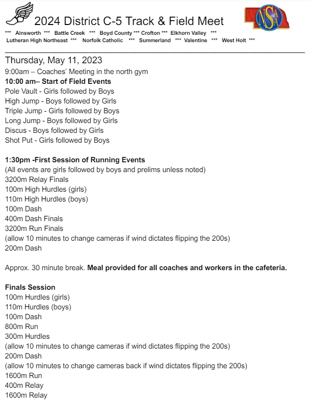 Boyd County Schools 2024 NVC Track and Field Schedule of Events